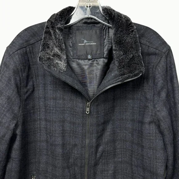 Marc Anthony Black Windowpane Plaid Lined Jacket Faux Fur Collar Men’s XL - Picture 2 of 14
